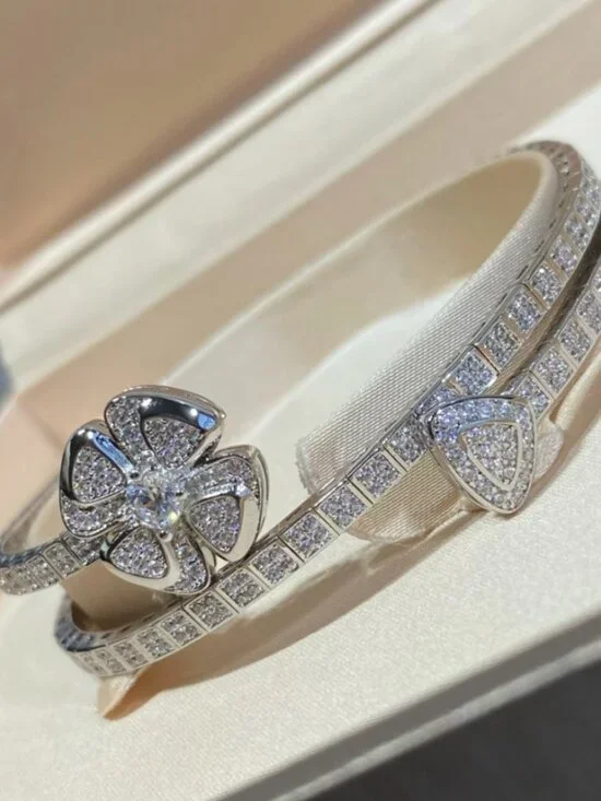 Bulgari Silver Crystal Floral Double Cuff Bracelet - Picture 4 of 5